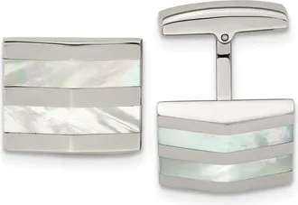 Diamond2Deal Stainless Steel Polished Mother Of Pearl Square Cufflinks