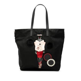 Prada Pre-owned Womens Saffiano Trimmed Tessuto Applique Tote - Black Textile - One Size