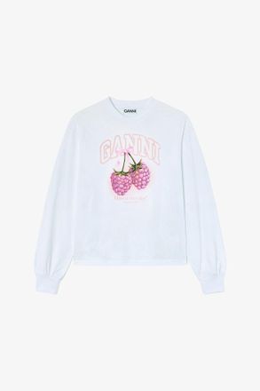 Ganni White Long-sleeve T-shirt with Raspberries - Size XS Organic Cotton