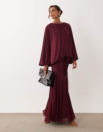 Asos Vestito lungo con mantella voluminosa e godet color mora-Multi