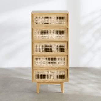 Maisons du monde Cajonera de 5 cajones de madera de pino y rat&aacute;n claro, l55 cm