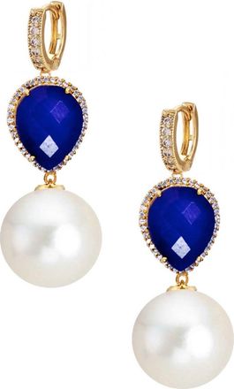 Liv Oliver 18k Gold Ruby Embelished Pearl Drop Earrings