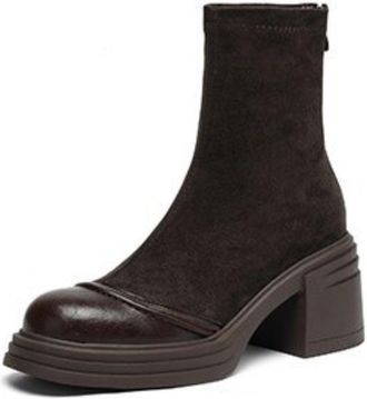 Generic Women Elastic Ankle Boots Round Toe Platform Chunky Block Heels Side Zipper Suede PU Leather Slip On Lightweight Comfortable Durable Non Slip Trendy F