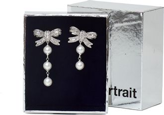 Self Portrait Silver-Plated Brass Crystal Bow Pearl Drop Earrings