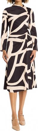 Maggy London Printed Asymmetric Ruched Dress In Black/tan