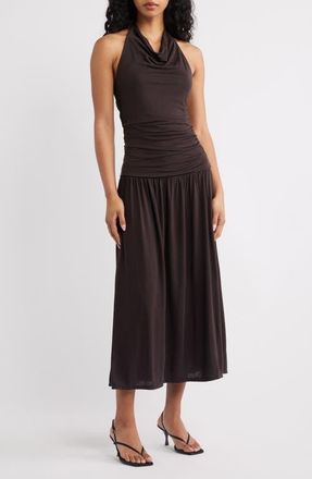 Mango Osana Ruched Drop Waist Halter Midi Dress in Brown at Nordstrom, Size 10