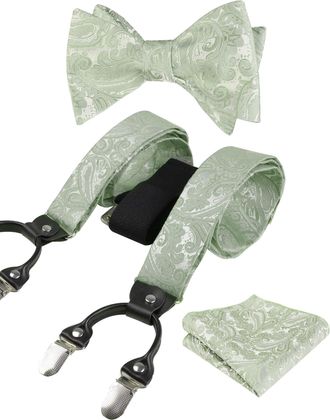 Alizeal Mens Self-Tied Adjustable Floral Paisley Bow Tie, Pocket Square and Elastic Y Shape 6 Clips Braces Set, Sage Green