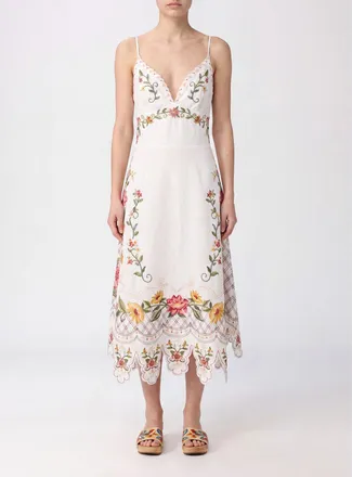 Farm Rio Abito midi Off-White Flower in lino a fantasia floreale con scollo a V
