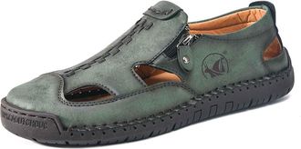 Generic 2026 Mens Hand Stitching Outdoor Closed Toe Leather Sandals, Adjustable Heel Strap Slip on Sandals Beach Slippers Shoes (Green, 9.5)