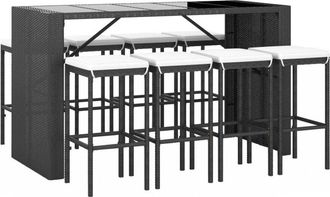 vidaXL Mesa Y Taburetes Altos Jard&iacute;n 9 Piezas Y Cojines Rat&aacute;n Pe Negro Vidaxl