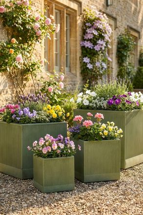 Dibor Set of 4 Sage Green Ribbed Finish Fibre Clay Indoor Outdoor Garden Planters | Size: Large