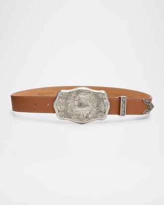 Ralph Lauren Collection Tooled-Buckle Pebbled Calfskin Western Belt