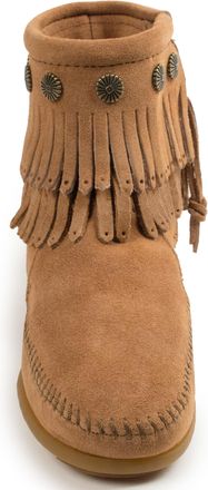 Minnetonka Womens Double Fringe Side Zip Boot Moccasin, Beige Beige Taupe 7t, 3 UK