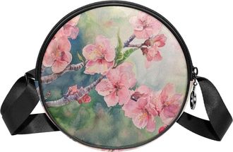 Generic Circle Crossbody Bag for Women, Peach Blossom Small Sling Bag Daypack with Zipper Adjustable Shoulder Straps Casual Ladies Girls Round Purse