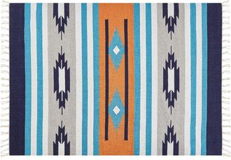 Beliani Alfombra Kilim De Algod&oacute;n Azul Gris Naranja 140 X 200 Cm A Mano Geom&eacute;trico Borlas Noratus