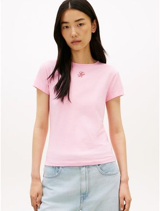 Tommy Hilfiger Womens Slim Fit Script Monogram T-Shirt - Pink - XXS