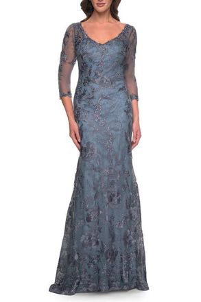 La Femme Long Fitted Lace Dress with V Neckline and Sheer Sleeves in Smoky Blue at Nordstrom, Size 10