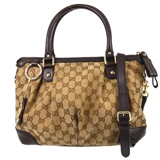 Gucci Sukey Top Handle Satchel Gg Tweed Beige Canvas Handbag (Pre-Owned)