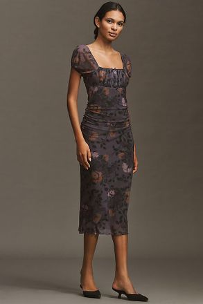 Maeve Puff-Sleeve Square-Neck Mesh Midi Dress