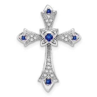 Diamond2Deal 14k White Gold Round Sapphire and Diamond Fleur de Lis Cross Chain Slide