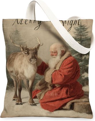 Generic Reindeer Canvas Tote Bags, Vintage Holiday Animal Print Reusable Grocery Bags, Winter Cozy Lightweight Washable Shoulder St, Red, 13x15 Inch