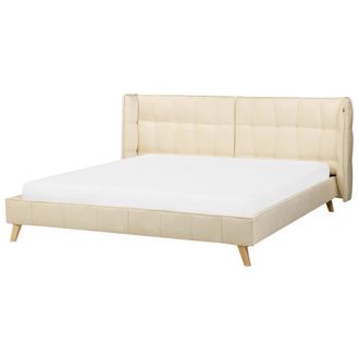 Beliani Cama Tapizada En Terciopelo Beige Con Patas De Madera Clara 180 X 200 Cm Somier Con Listones Cabecero Con Alas Ajustables Senlis