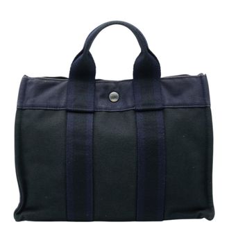 Herm&egrave;s Black Purple Canvas Handbag Tote Bag (Pre-Owned)