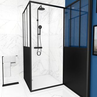Aurlane Pack completo parete doccia con porta pivotante e parete laterale stile atelier e piatto doccia bianco