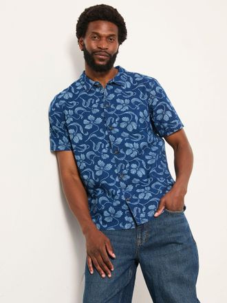 Fat Face FatFace Indigo Blue Short Sleeve Hibiscus Print Shirt