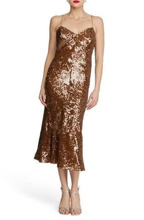Halston Heritage Yvonne Sequin Sleeveless Midi Dress in Tobacco Bronze at Nordstrom Rack, Size 16