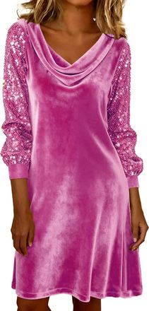 Generic Velvet Midi Dress for Women - Long Sleeve Sequin Collar Patchwork V Neck Style for Evening Wedding Guest & Cocktail Party(Pink, M)