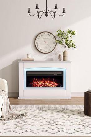 Living and Home 34inch Electric Fireplace with White Wooden Mantel, 12 Flame Colors, 6 Mood Lighting