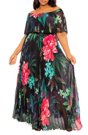 Buxom Couture Floral Pleated Off the Shoulder Maxi Dress in Black Multi at Nordstrom, Size 1X