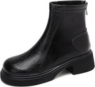 Generic Womens Retro Round-Toe Ankle Boots With Chunky Block Heels Back Zip Comfortable Slip-Resistant Durable For Casual Daily Office Fall Winter,Black,5.5 U