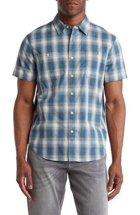 Lucky Brand Mason Plaid Short Sleeve Stretch Cotton Button-Up Shirt in Blue/White at Nordstrom Rack, Size Medium