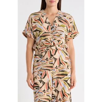 Adrianna Papell Printed Short Sleeve Crop Top in Water Color Leaf at Nordstrom Rack, Size X-Small