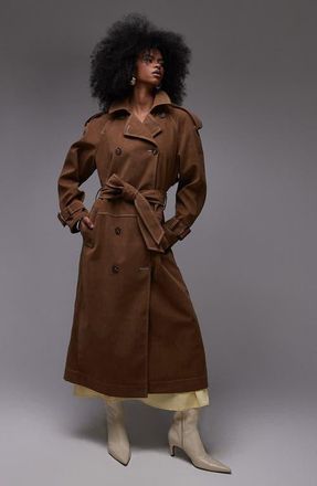 Topshop Oversize Faux Suede Trench Coat in Brown at Nordstrom, Size X-Small