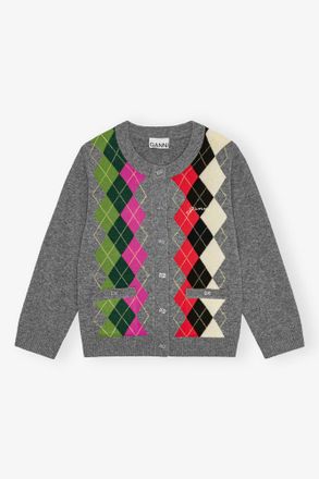 Ganni Grey Check Cardigan - Size S Merino Wool