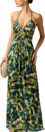 Adrianna Papell Printed Stretch Satin Chain Halter Gown In Green Multi