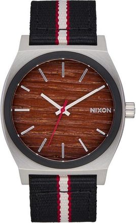 Nixon Time Teller Leather Strap Watch, 37mm in Silver/Rosewood/Black Stripe at Nordstrom