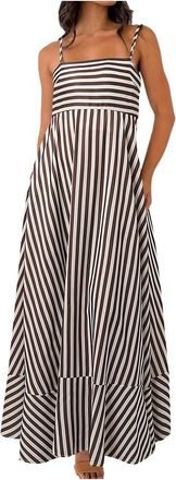 Generic Womens Striped Sleeveless Maxi Dress Swing Cutout Midi Dress Backless Smocked Spaghetti Straps Boho Flowy Long Dress Womens Winter, brown, L