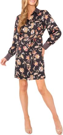 CeCe by Cynthia Steffe Mixed Print Tie Waist Long Sleeve Shirtdress in Rich Black at Nordstrom, Size X-Large