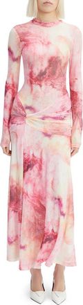 Bardot Lea Ruched Long Sleeve Mesh Maxi Dress in Pink Tie Dye at Nordstrom, Size Medium