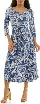 Nina Leonard Sylvia Printed Tie Waist Midi Dress in Denim Multi at Nordstrom Rack, Size X-Large