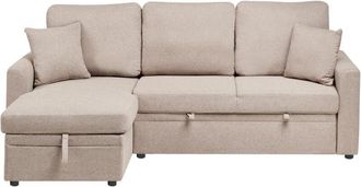 Beliani Corner Sofa Bed 3 Seater NASSJO Faux Linen Light Brown Right Hand