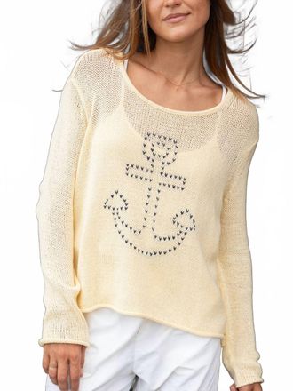Wooden Ships Stitched Anchor Cotton Crew Sweater In Sunlight/ Darkest Indigo