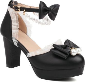 Generic Womens Platform Lolita Shoes Chunky Heel Pearl Pumps Ankle Strap Mary Jane Heels,Black,1.5 UK