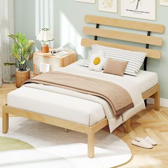 Costway Costway Double Size Bed Frame Solid Wood Platform Bed w/ Retro Headboard in Natural