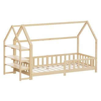 ML Design Ml-design Cama Infantil 90x200 Cm Natural, Con Protecci&oacute;n Antica&iacute;da, Estante, Techo Y Somier, Estructura De Madera Maciza De Pino, Lecho De Suelo Mont