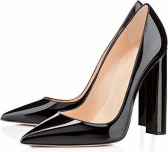 Generic Women Slip-On Chunky Pumps, Fashion Pointed Toe Dress Block Court Shoes, Comfort Closed Toe Leather Party Work High Heels Shoes,Black,2.5 UK
